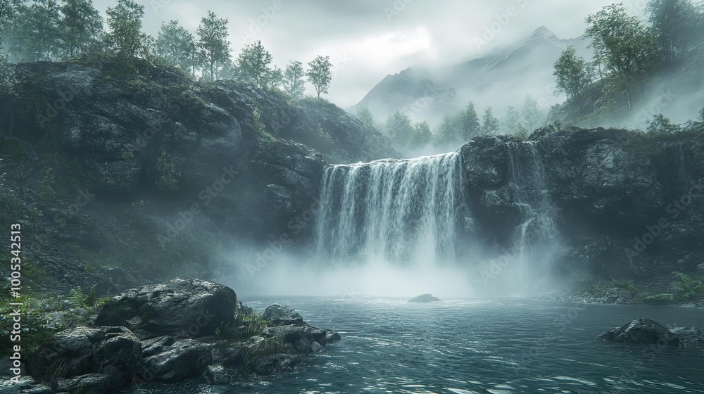 Fototapeta premium Find a waterfall partially obscured by fog and shoot from a low angle