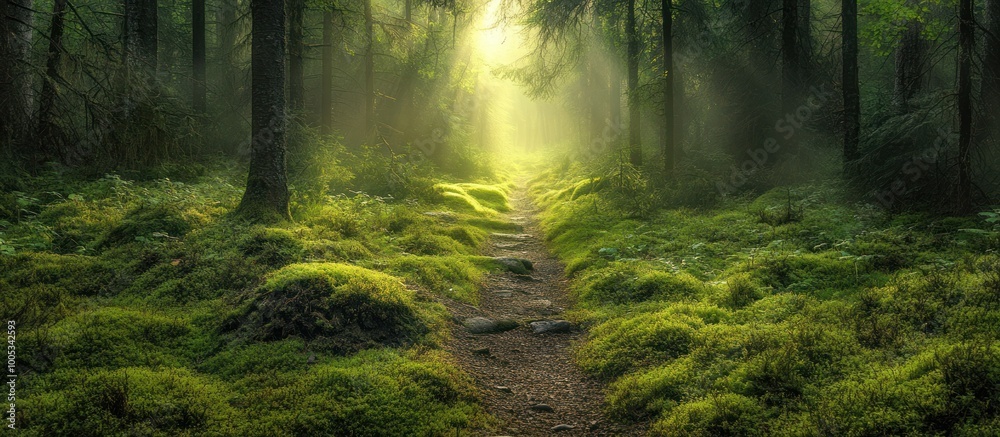 Fototapeta premium A misty forest path leads through lush green moss with sunlight streaming through the trees.