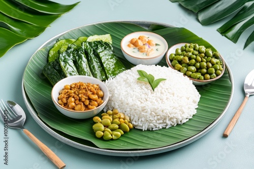 Minimalist depiction of a family meal during the Vegetarian Festival, using simple shapes to represent traditional vegetarian dishes on a clean background. photo