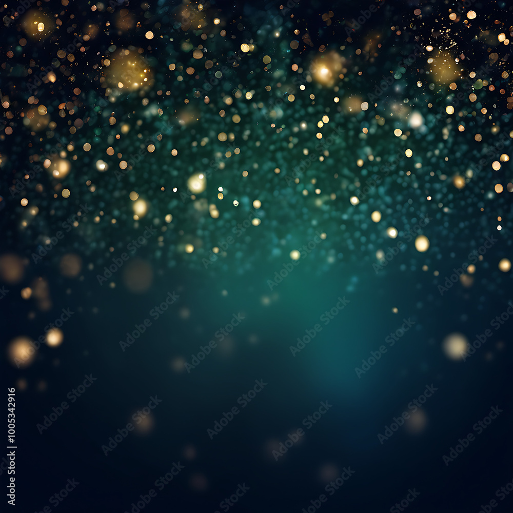 Fototapeta premium festive abstract background with shimmering gold and green particles and twinkling lights and boke