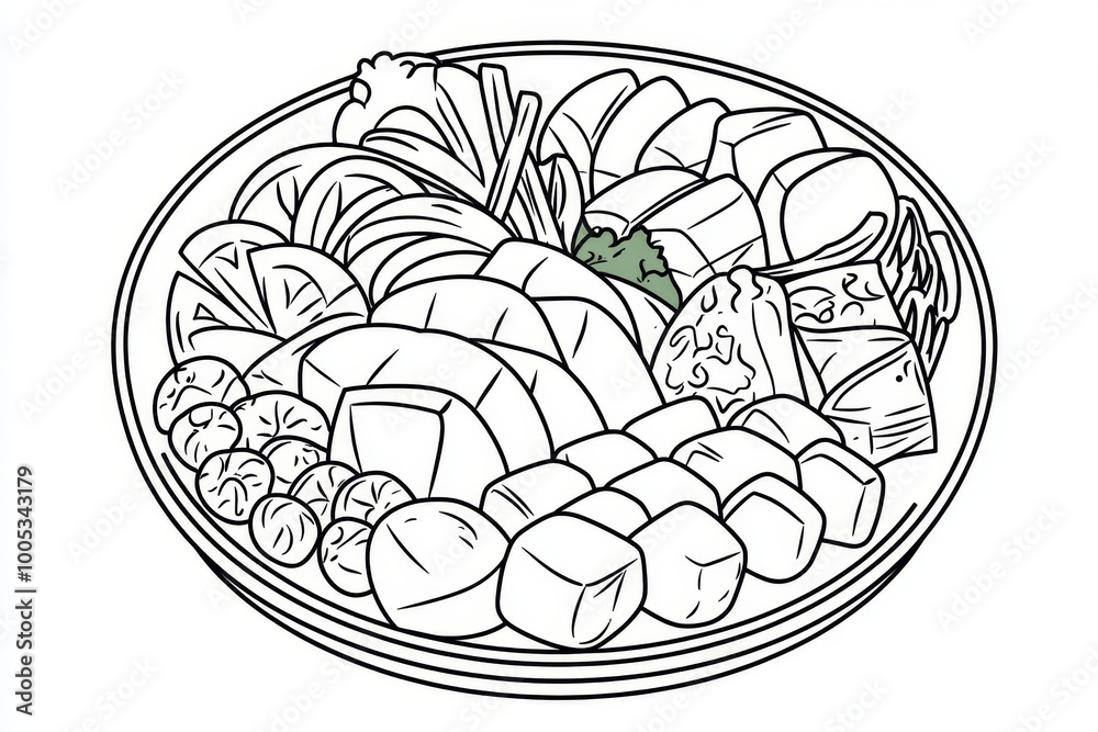 Minimalist line art of a portion-controlled meal, featuring simple shapes for protein, vegetables, and carbs arranged neatly on a plate.