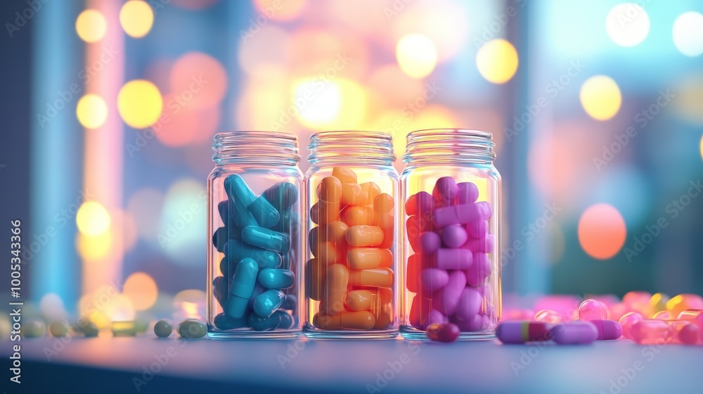 A charming arrangement of colorful capsules in glass jars stands out against a softly blurred background, celebrating the sweetness of love in every detail A charming arrangement of colorful capsules in glass jars stands out against a softly blurred background, celebrating the sweetness of love in every detail
