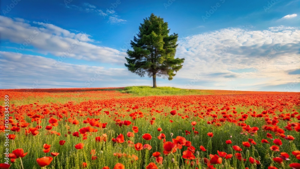 Poppy field with leading lines and a pine tree Poppy field with leading lines and a pine tree