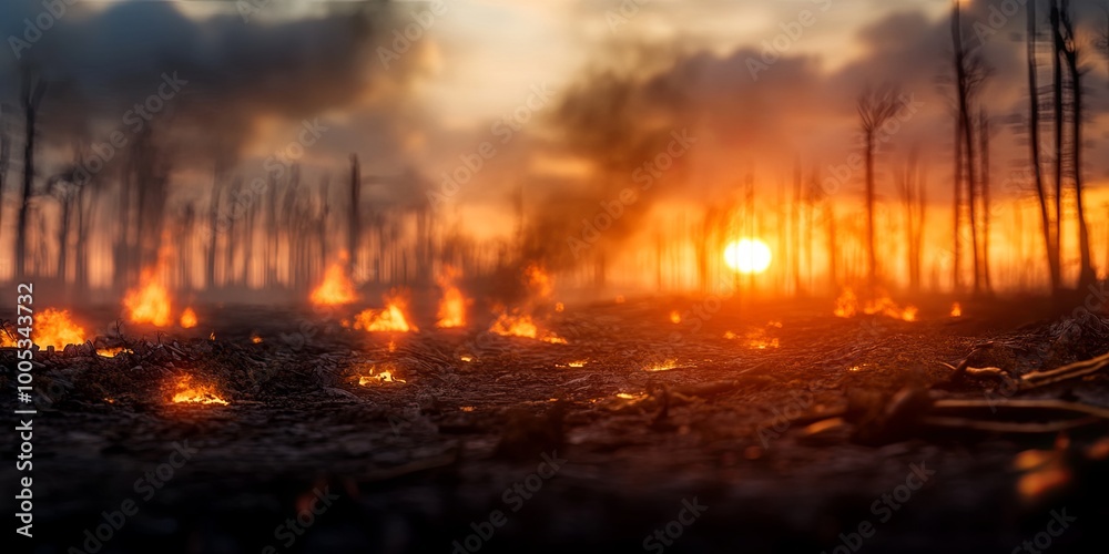 A scorched forest floor with smoldering embers and a sunset in the background. A scorched forest floor with smoldering embers and a sunset in the background.