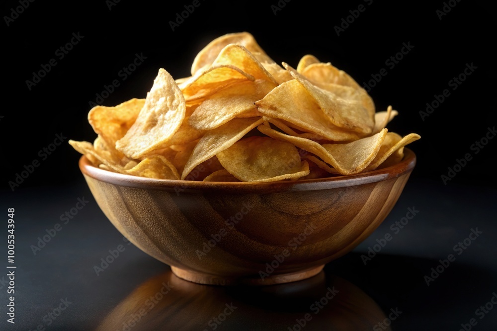 Potato chips in bowl isolated on black background Potato chips in bowl isolated on black background