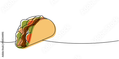 Mexican taco with ground beef one line colored continuous drawing. Traditional Mexican street fast food. Vector linear illustration.