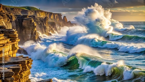 Powerful waves crashing against rugged cliffs