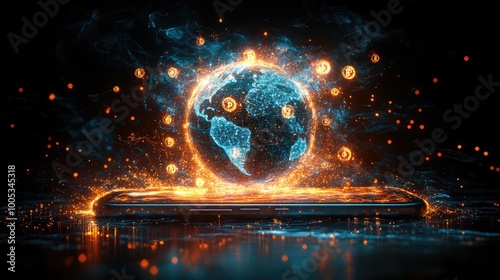 A mobile phone emitting a holographic globe with bright cryptocurrency symbols encircling it, all set against a black backdrop, representing the global reach of digital currencies
