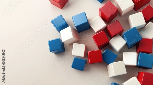 Abstract Composition of Red, White, and Blue Cubes