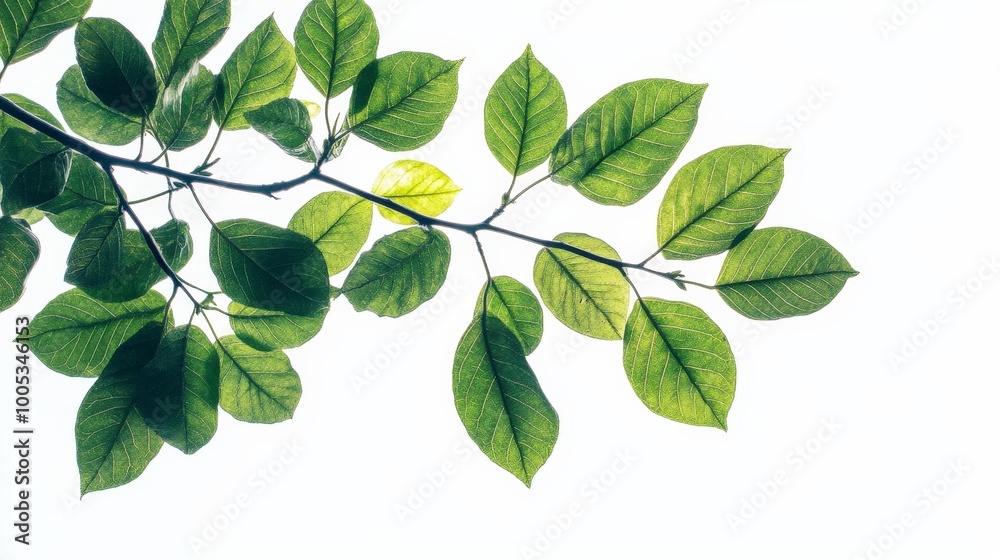 A close-up of a branch with green leaves against a white background, highlighting the intricate details and vivid colors of the leaves A close-up of a branch with green leaves against a white background, highlighting the intricate details and vivid colors of the leaves