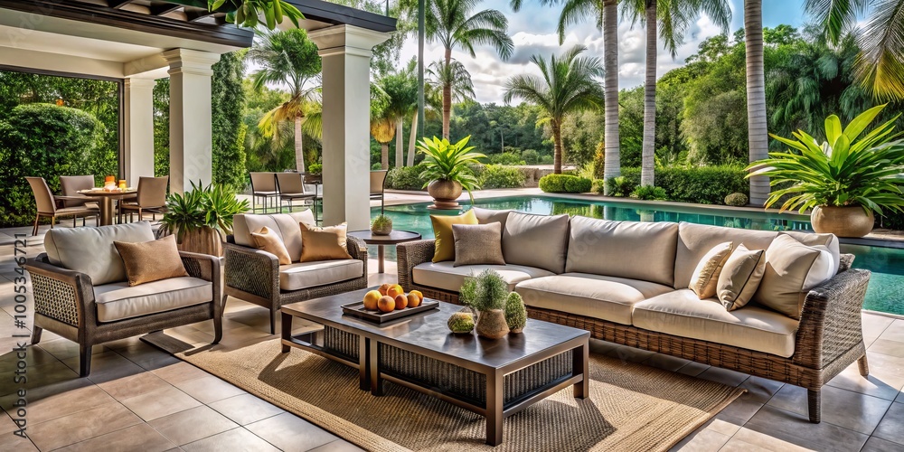 Fototapeta premium Stylish Miami outdoor living comes alive with elegant luxury patio furniture, creating a tropical oasis perfect for