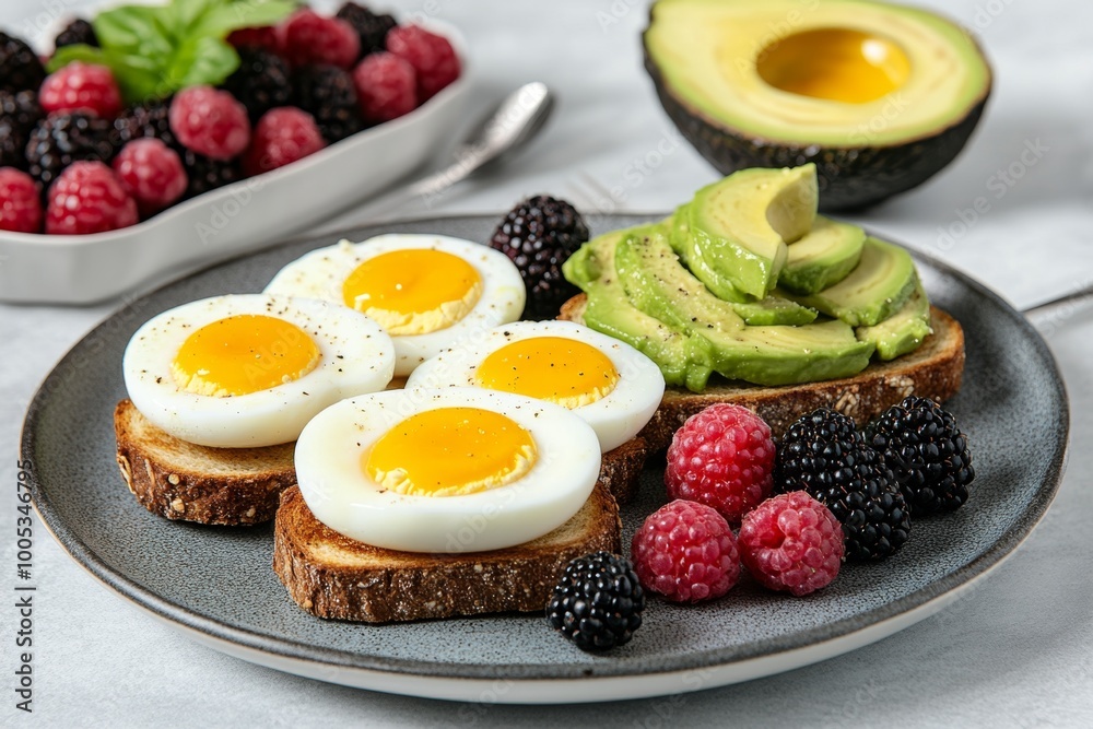 A balanced breakfast with scrambled eggs, avocado toast, and fresh berries, arranged beautifully on a table with natural light. A balanced breakfast with scrambled eggs, avocado toast, and fresh berries, arranged beautifully on a table with natural light.