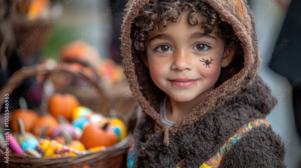 Halloween, children in imaginative costumes, such as a pirate, a witch, and a monster, wearing ghostly makeup and spider designs on their cheeks. Halloween, children in imaginative costumes, such as a pirate, a witch, and a monster, wearing ghostly makeup and spider designs on their cheeks.