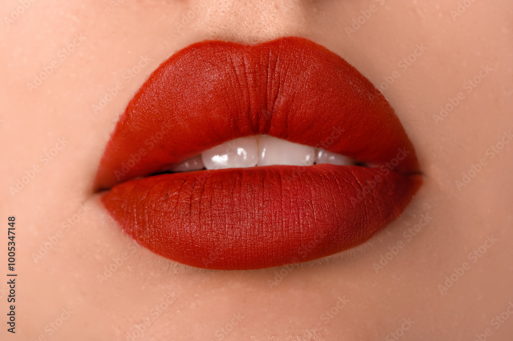 Young woman with red lips, closeup