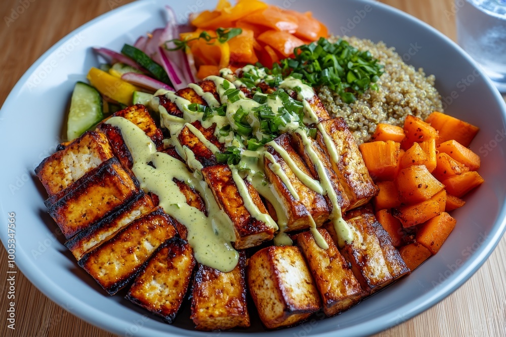 A balanced vegan meal with roasted tofu, quinoa, and a variety of vegetables, drizzled with a light dressing, creating a nutritious and visually appealing plate. A balanced vegan meal with roasted tofu, quinoa, and a variety of vegetables, drizzled with a light dressing, creating a nutritious and visually appealing plate.