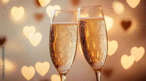 A close-up view of champagne glasses with golden bubbles against a heart-patterned background and gentle bokeh lights creates a warm atmosphere for a romantic celebration