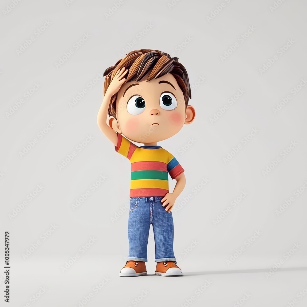 A curious cartoon boy with striped shirt and jeans, pondering and looking up in a playful, imaginative style. A curious cartoon boy with striped shirt and jeans, pondering and looking up in a playful, imaginative style.