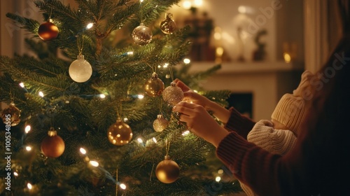 Family decorating Christmas tree, hands placing ornaments, dim room with string lights, real holiday preparation