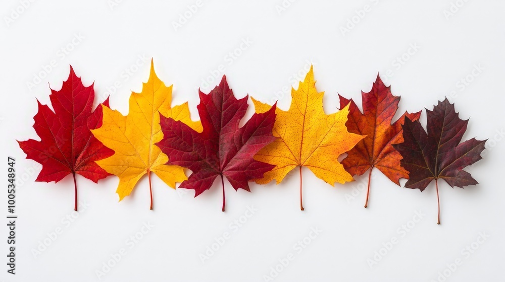 A collection of maple leaves in rich autumn hues, elegantly arranged against a clean white background for a striking visual contrast A collection of maple leaves in rich autumn hues, elegantly arranged against a clean white background for a striking visual contrast