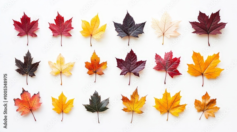 A collection of maple leaves in various fall colors, elegantly displayed against a white background for a simple yet striking design A collection of maple leaves in various fall colors, elegantly displayed against a white background for a simple yet striking design