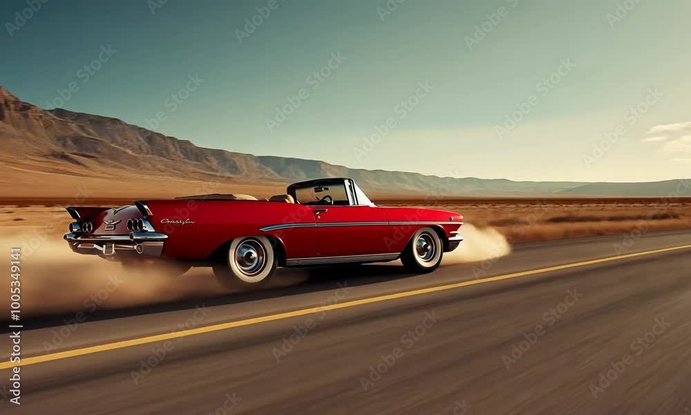 A classic red convertible speeding down an empty desert highway A classic red convertible speeding down an empty desert highway