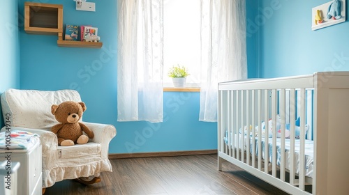 Empty wooden table inside the baby room with generative ai