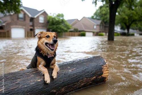 A dog stranded on a floating log in a flash flood, barking for help as the water rushes past in a residential neighborhood photo