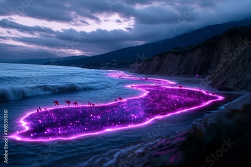 A fantastical wilderness coastline, where waves sparkle with magic and glowing animals explore the cliffs, blending the raw beauty of nature with a surreal, magical world.