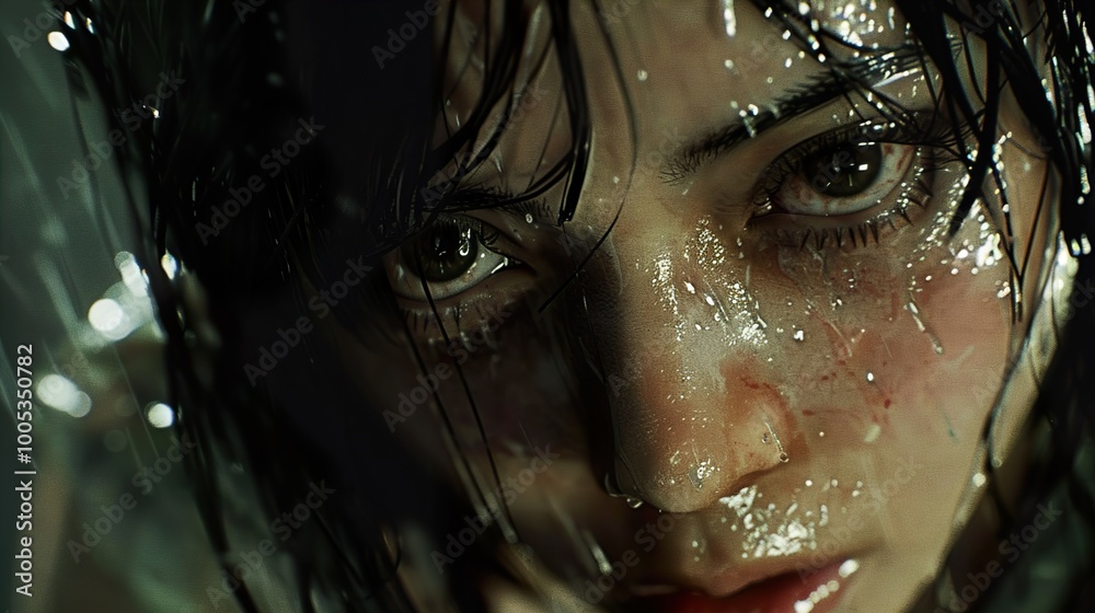 Intense Gaze: A Woman's Face Covered in Rain Intense Gaze: A Woman's Face Covered in Rain
