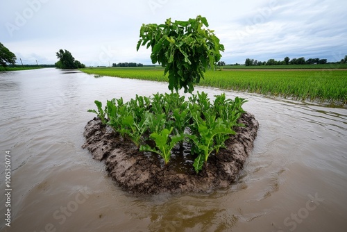 A farm field completely submerged by a flash flood, with crops under water and the force of the flood reshaping the landscape photo