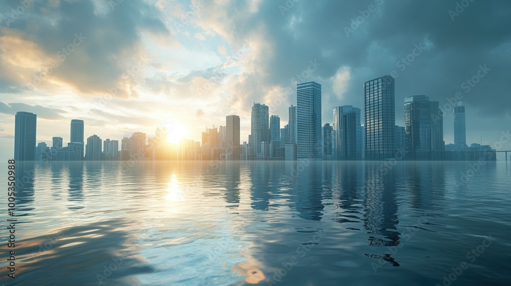 Fototapeta premium Urban skyline at sunrise reflected in water with dramatic clouds above.