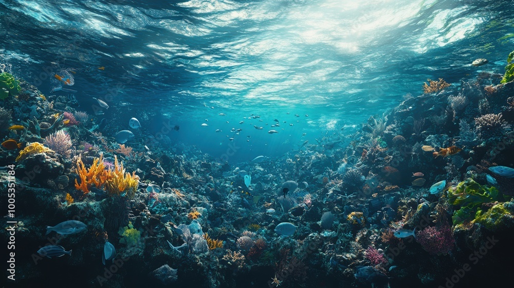 Obraz premium Vibrant underwater scene with diverse coral reefs and colorful fish.