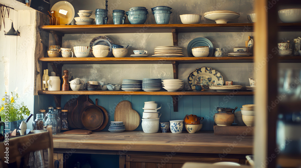 Cozy Kitchen Display of Ceramic Dishes on Shelves Cozy Kitchen Display of Ceramic Dishes on Shelves