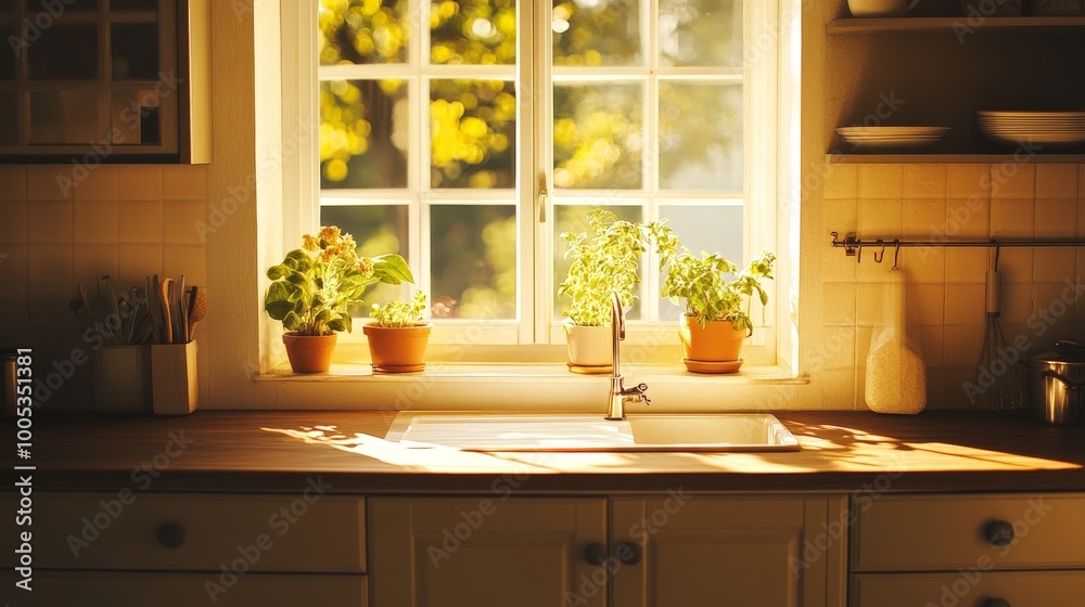 A cozy kitchen interior featuring a chic cabinet with a stylish sink under a sun-drenched window. A cozy kitchen interior featuring a chic cabinet with a stylish sink under a sun-drenched window.