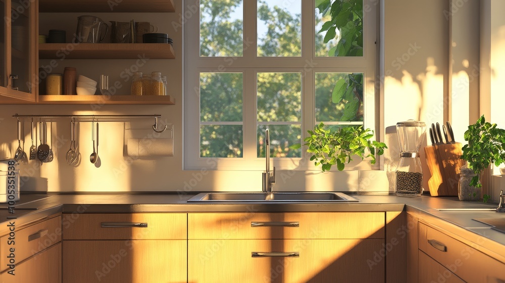 A cozy kitchen scene showcases a modern cabinet, a polished sink, and a sunlit window enhancing the ambiance. A cozy kitchen scene showcases a modern cabinet, a polished sink, and a sunlit window enhancing the ambiance.
