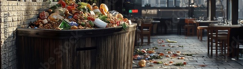 Overflowing trash bin filled with food waste in an abandoned restaurant, highlighting food waste crisis.