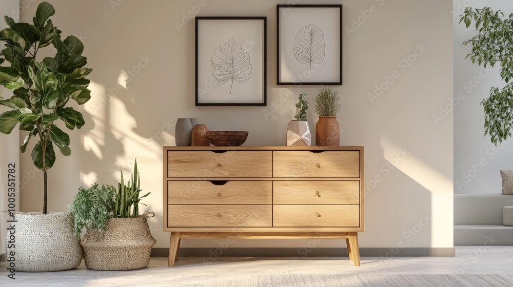 A cozy living room interior showcases a stylish drawer unit and tasteful decorations against a mockup wall, creating an inviting atmosphere perfect for relaxation A cozy living room interior showcases a stylish drawer unit and tasteful decorations against a mockup wall, creating an inviting atmosphere perfect for relaxation
