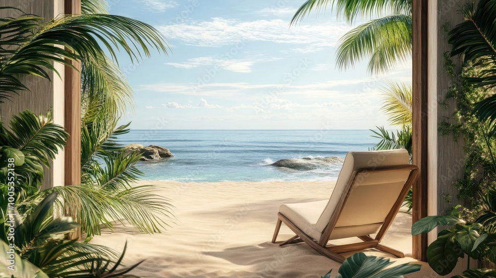 Mock up frame of a comfortable beachfront corner with a simple beige chair, sandy floor, and palm trees framing the scene Mock up frame of a comfortable beachfront corner with a simple beige chair, sandy floor, and palm trees framing the scene