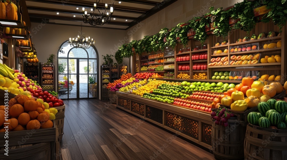 Fototapeta premium A realistic and very detailed fruit shop interior with fresh produce, featuring vibrant colors and crisp textures.