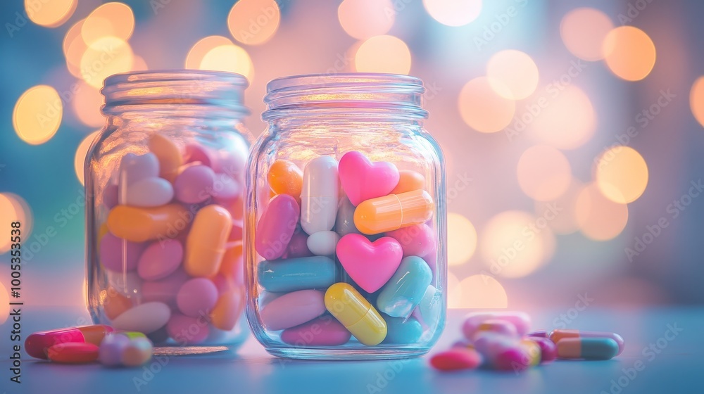 A delightful mix of colorful capsules fills glass jars, their cheerful tones set against a blurred backdrop that enhances the sweet love theme A delightful mix of colorful capsules fills glass jars, their cheerful tones set against a blurred backdrop that enhances the sweet love theme