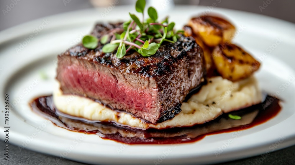Close-up of a medium-rare Wagyu steak slice, showcasing its rich marbling, resting on a white porcelain plate with truffle mashed potatoes, microgreens
