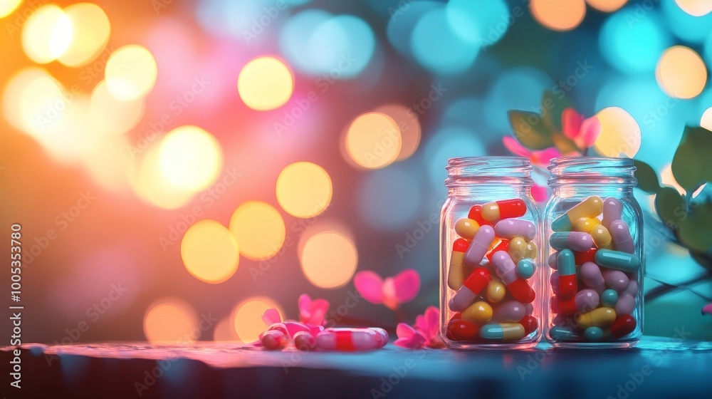 A delightful mix of colorful capsules in glass jars offers a cheerful sight, framed by a softly blurred backdrop that enhances the romantic love theme