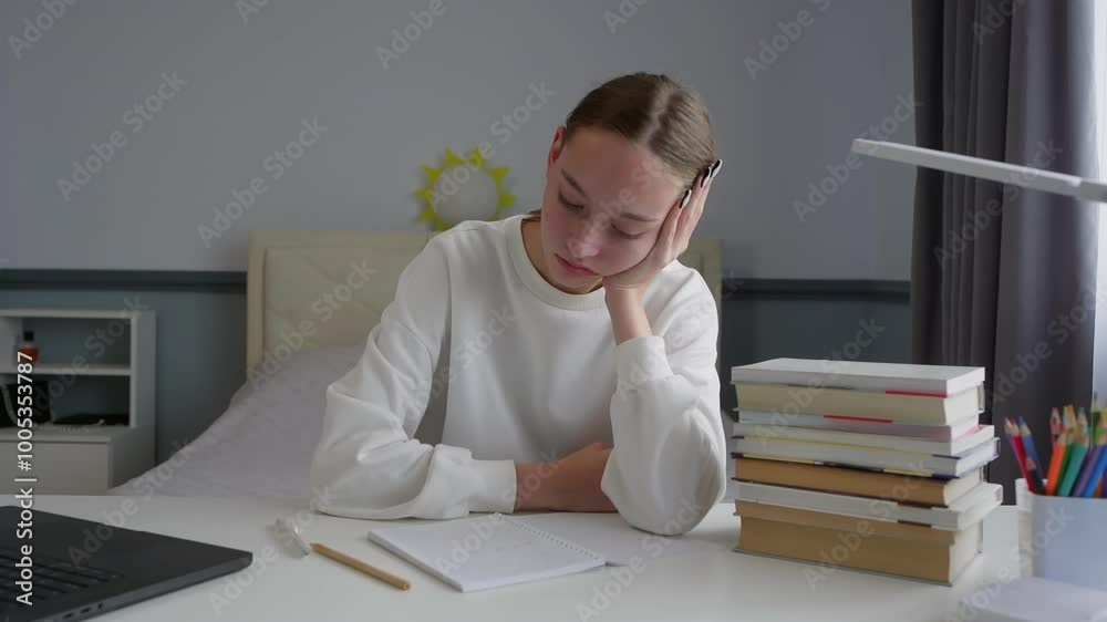 Teenage student is sitting at desk with open notebook and laptop, feeling tired and stressed while doing homework. resting her head on hand, surrounded by books, feelings exhaustion and overwhelm Teenage student is sitting at desk with open notebook and laptop, feeling tired and stressed while doing homework. resting her head on hand, surrounded by books, feelings exhaustion and overwhelm