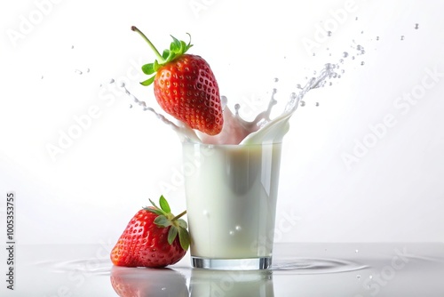 Realistic strawberry falling into milk on white background