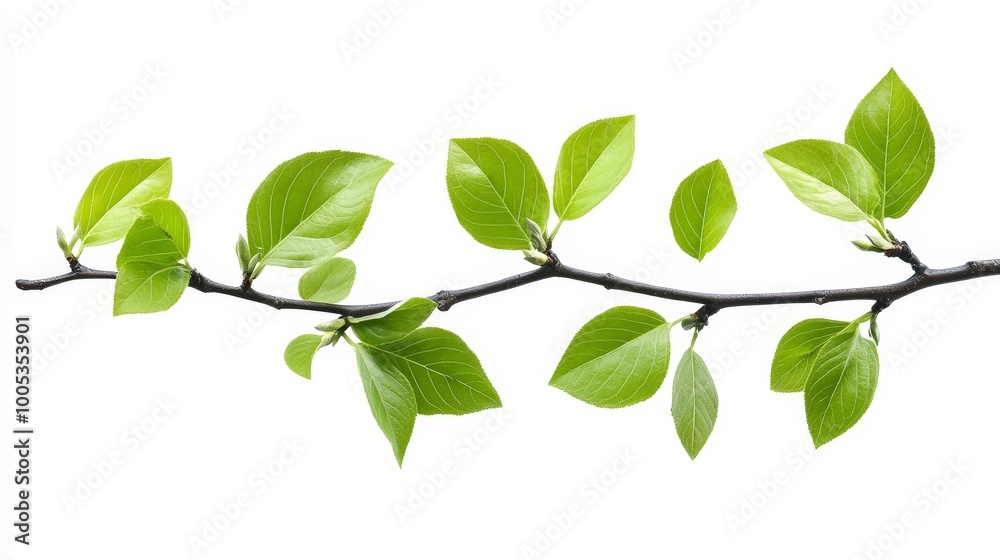 A detailed image of a branch with green leaves isolated on a white background, ideal for nature-themed designs and presentations A detailed image of a branch with green leaves isolated on a white background, ideal for nature-themed designs and presentations