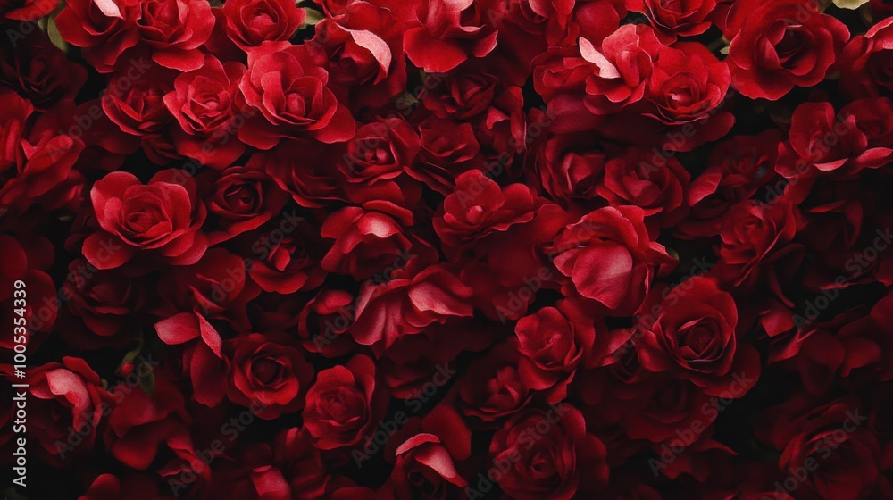 A sea of rich red roses forms a romantic overhead backdrop, highlighting the velvety textures and intricate details of the petals. Realistic, very detailed A sea of rich red roses forms a romantic overhead backdrop, highlighting the velvety textures and intricate details of the petals. Realistic, very detailed