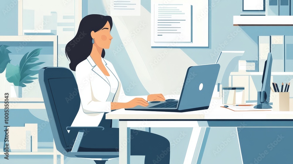 A focused businesswoman working on a computer in a well-organized office. Modern desk setup with a laptop, documents, and office essentials A focused businesswoman working on a computer in a well-organized office. Modern desk setup with a laptop, documents, and office essentials