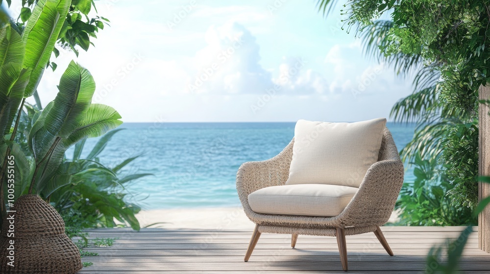 Fototapeta premium Mock up frame of a cozy seaside porch with a modern beige outdoor chair, wooden planks, and the ocean in the background