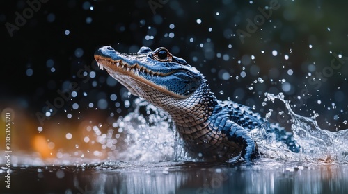 A crocodile emerging from the water, with droplets cascading off its scales, creating a dynamic and powerful image.