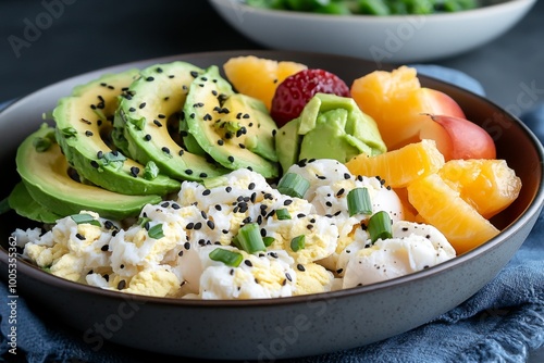 A healthy, controlled breakfast with scrambled egg whites, avocado, and a small portion of fruit, arranged for balance and portion control.